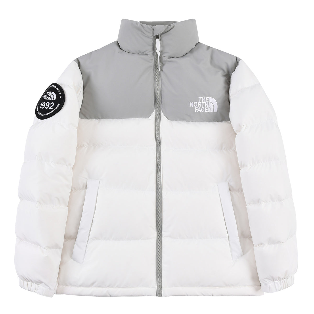 The North Face White and Grey Colorblock Puffer Jacket