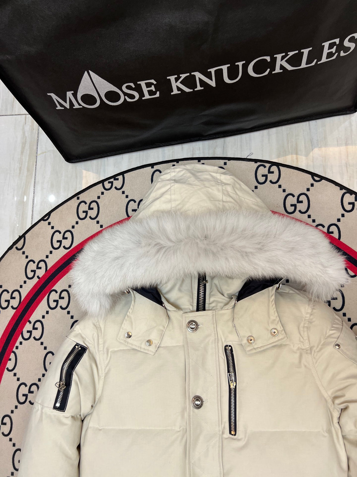 Moose Knuckles Ivory White Quilted Hooded Parka Jacket