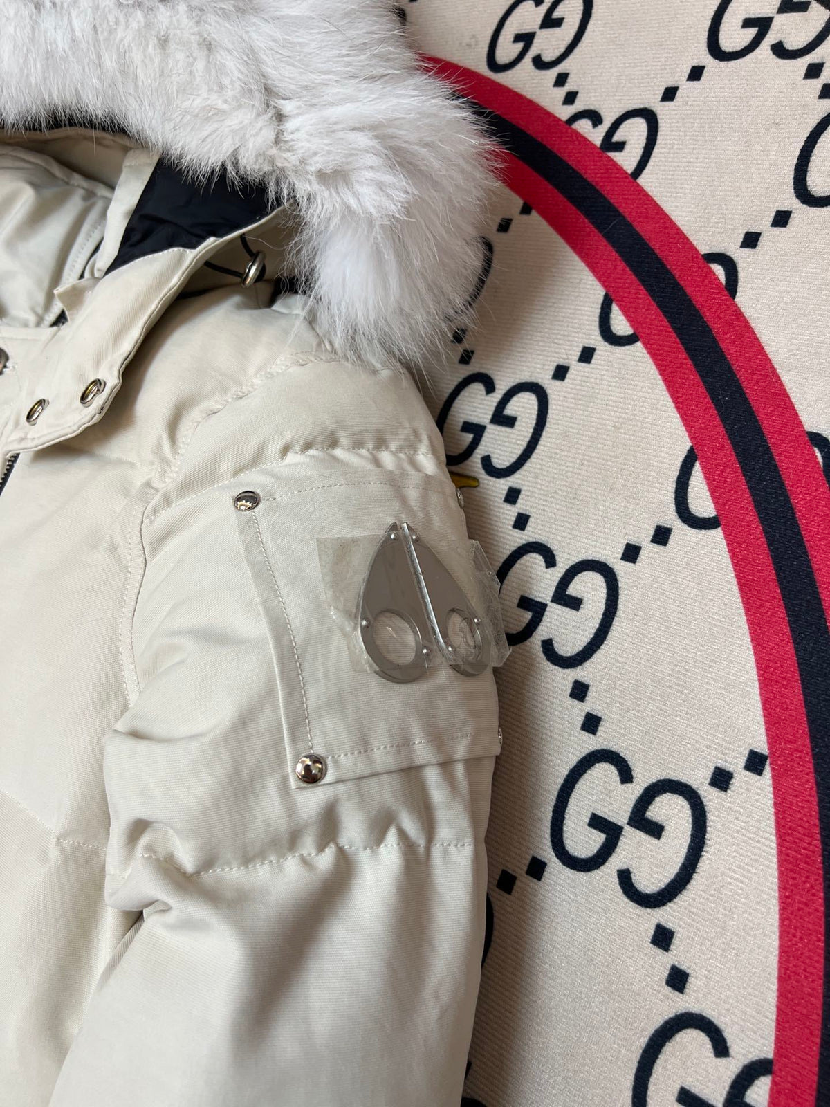 Moose Knuckles Ivory White Quilted Hooded Parka Jacket