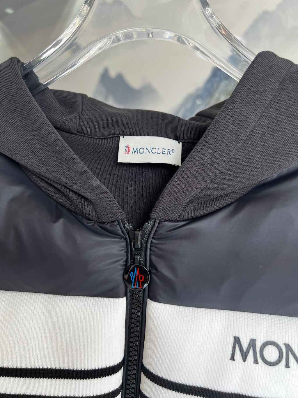 Moncler Black and White Striped Quilted-Front Hooded Jacket