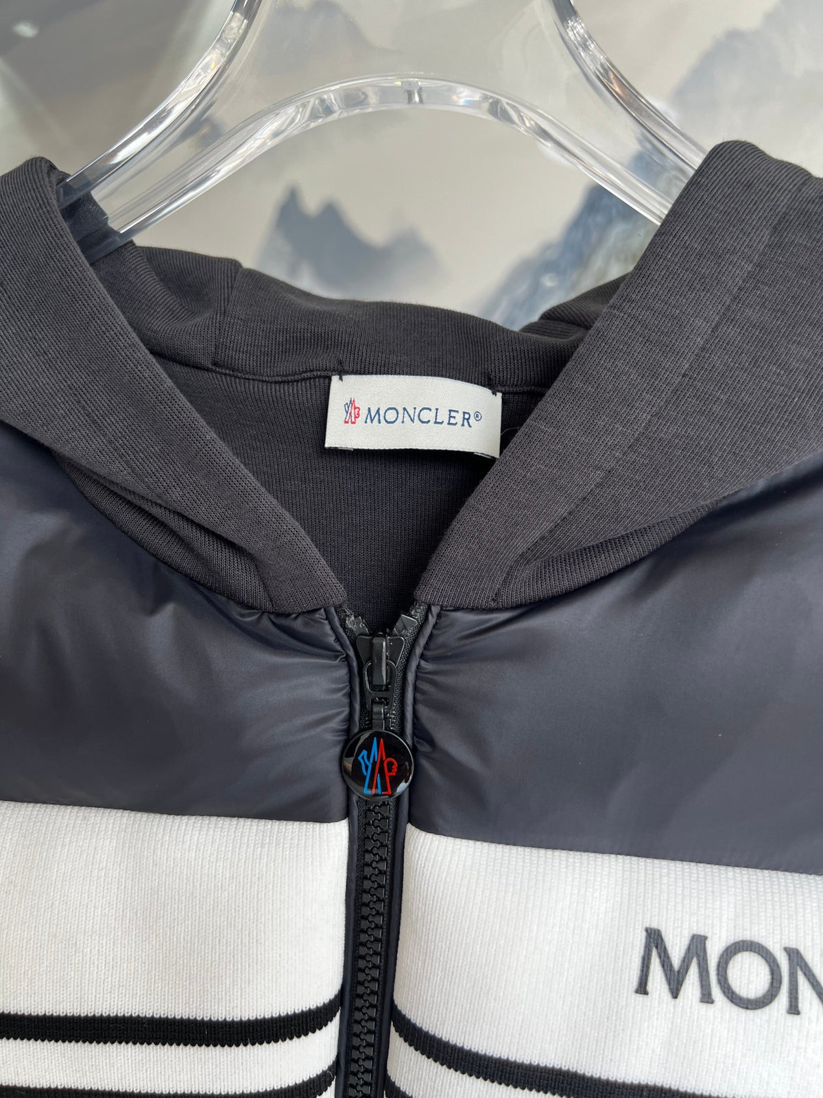 Moncler Black and White Striped Quilted-Front Hooded Jacket