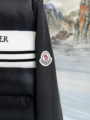 Moncler Black and White Striped Quilted-Front Hooded Jacket