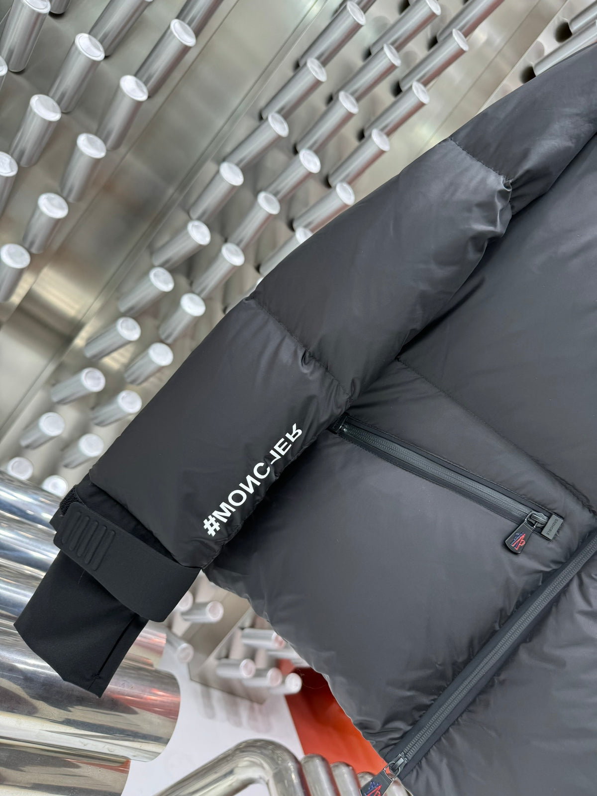 Moncler Charcoal Grey Graphic-Back Stand-Collar Puffer Jacket