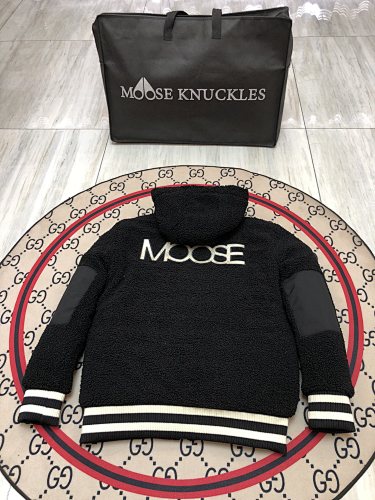 Moose Knuckles Black and White Teddy Hooded Bomber Jacket