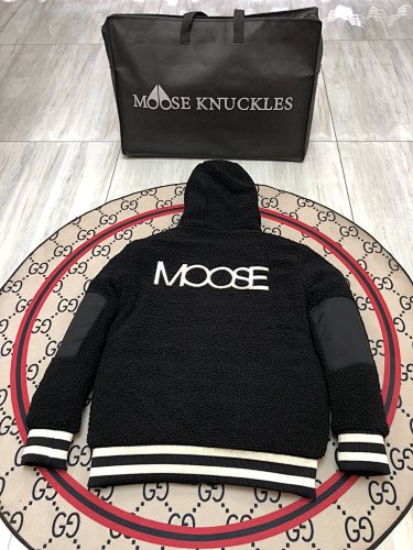 Moose Knuckles Black and White Teddy Hooded Bomber Jacket