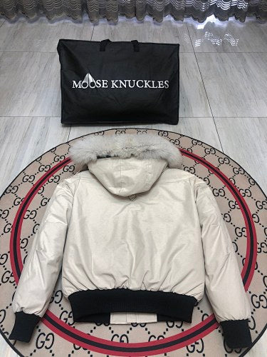 Moose Knuckles Ivory White Hooded Bomber Jacket