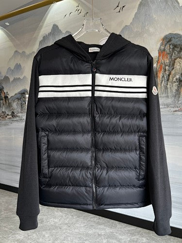 Moncler Black and White Striped Quilted-Front Hooded Jacket