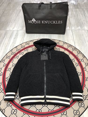 Moose Knuckles Black and White Teddy Hooded Bomber Jacket