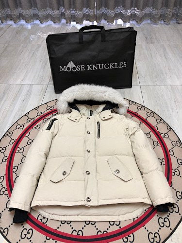Moose Knuckles Ivory White Quilted Hooded Parka Jacket