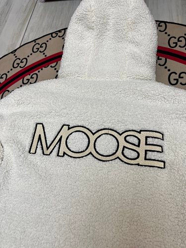 Moose Knuckles White and Black Teddy Hooded Bomber Jacket