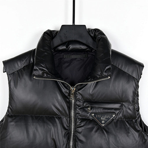 Prada Black Glossy Quilted Zip-Pocket Puffer Vest
