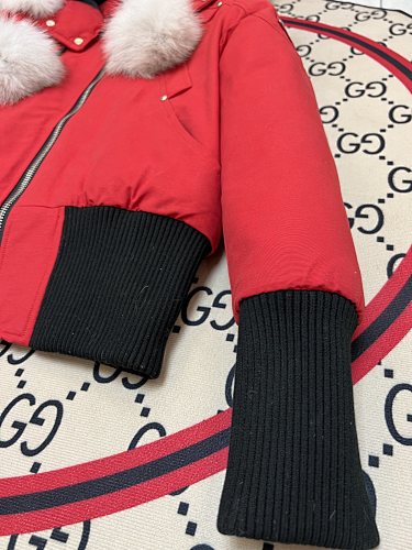 Moose Knuckles Red Pom-Pom Hooded Bomber Jacket