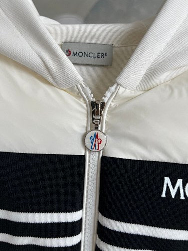Moncler White and Black Striped Quilted-Front Hooded Jacket