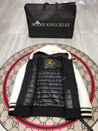 Moose Knuckles White and Black Teddy Hooded Bomber Jacket