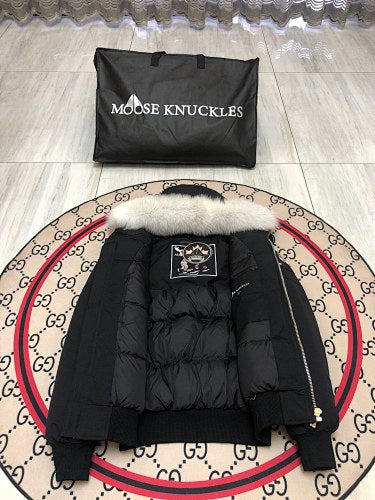 Moose Knuckles Black Hooded Bomber Jacket