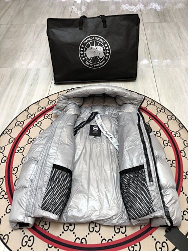 Canada Goose Silver Grey Glossy Quilted Hooded Puffer Jacket