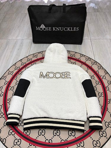 Moose Knuckles White and Black Teddy Hooded Bomber Jacket