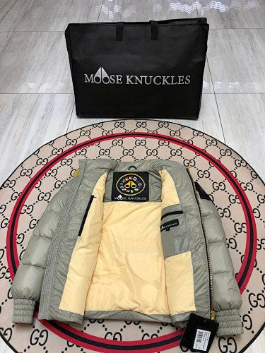 Moose Knuckles Sage Green Glossy Stand-Collar Puffer Jacket