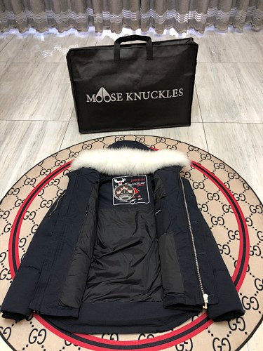 Moose Knuckles Navy Blue Quilted Hooded Parka Jacket