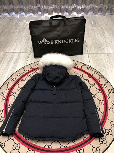 Moose Knuckles Navy Blue Quilted Hooded Parka Jacket