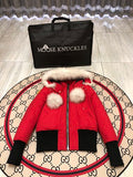 Moose Knuckles Red Pom-Pom Hooded Bomber Jacket