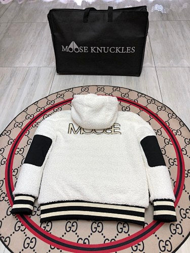 Moose Knuckles White and Black Teddy Hooded Bomber Jacket