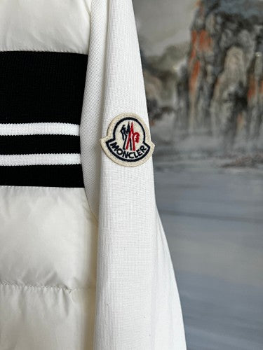 Moncler White and Black Striped Quilted-Front Hooded Jacket