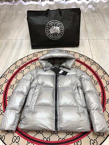 Canada Goose Silver Grey Glossy Quilted Hooded Puffer Jacket