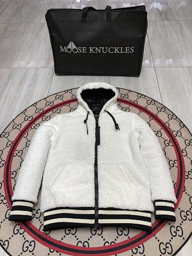 Moose Knuckles White and Black Teddy Hooded Bomber Jacket