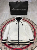 Moose Knuckles White and Black Teddy Hooded Bomber Jacket