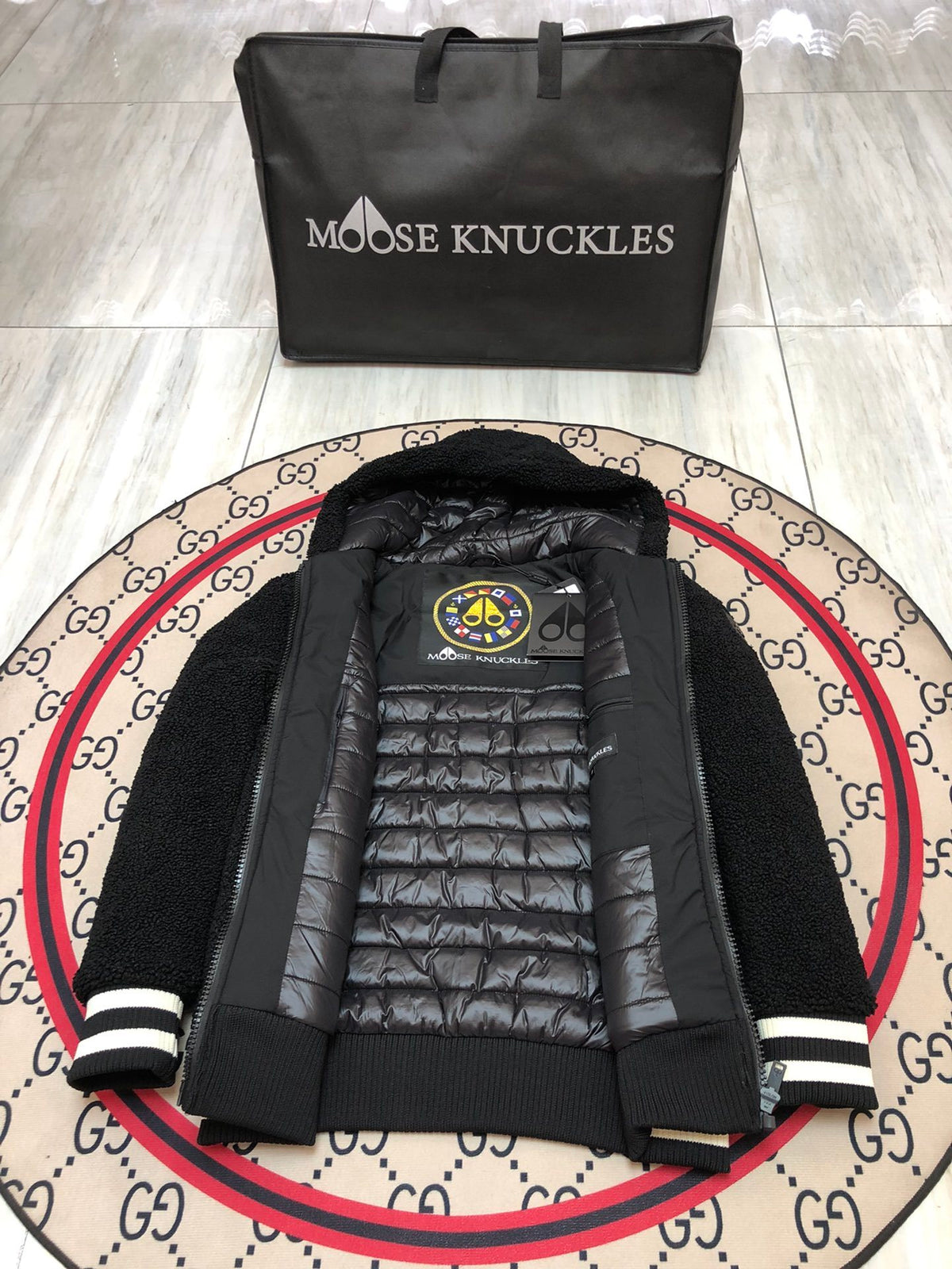Moose Knuckles Black and White Teddy Hooded Bomber Jacket