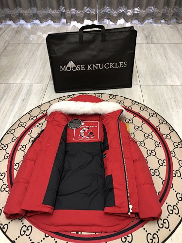 Moose Knuckles Red Quilted Hooded Parka Jacket