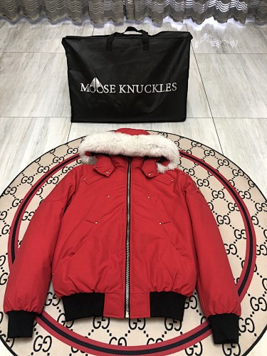 Moose Knuckles Red Hooded Bomber Jacket