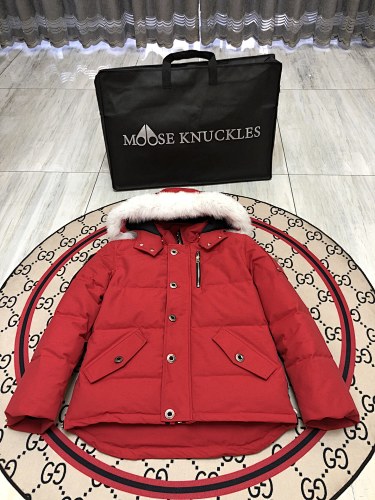 Moose Knuckles Red Quilted Hooded Parka Jacket