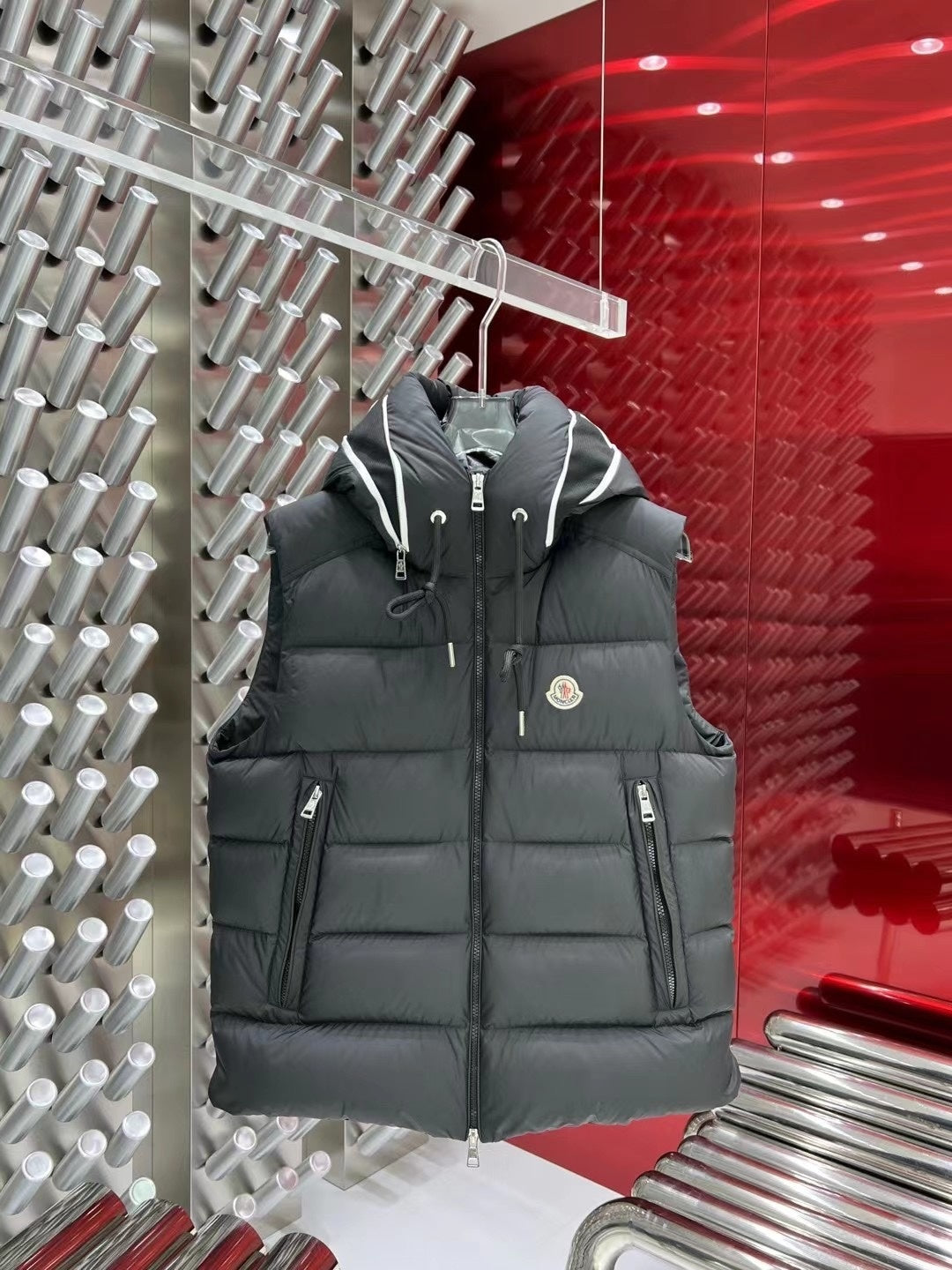 Moncler Charcoal Grey Quilted Logo-Trim Hooded Puffer Vest