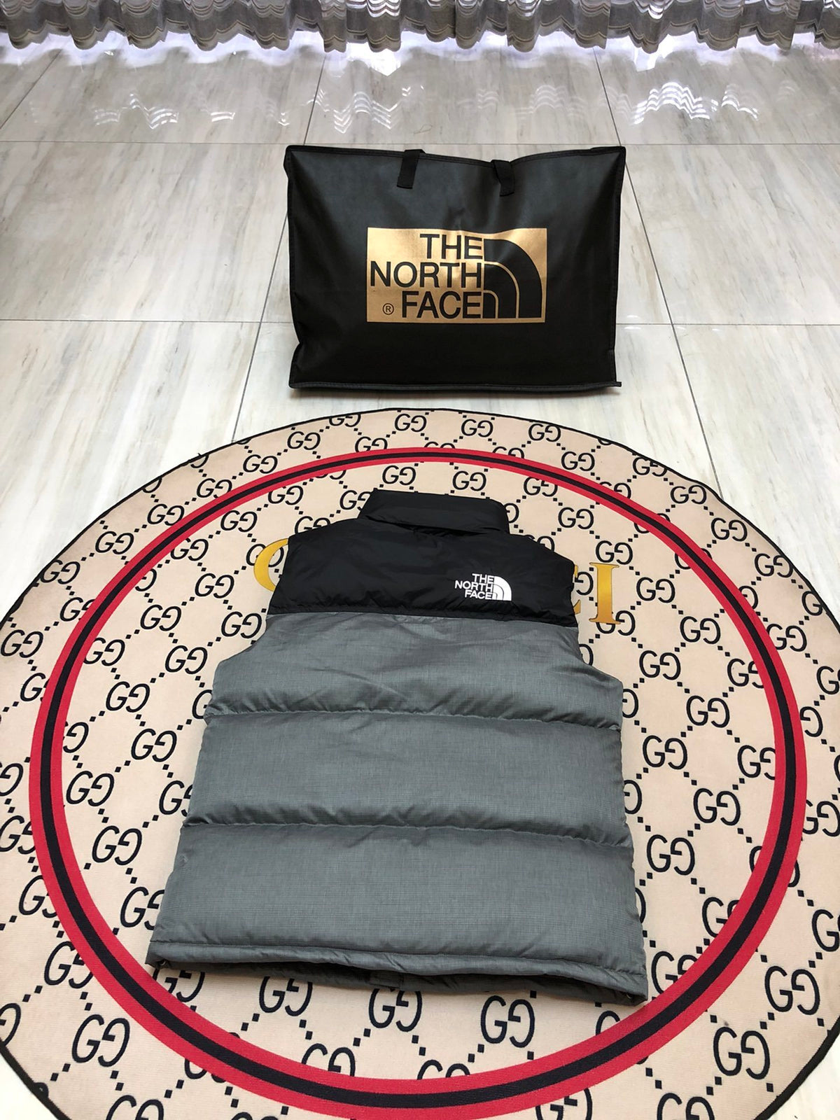 The North Face Grey and Black Colorblock Puffer Vest