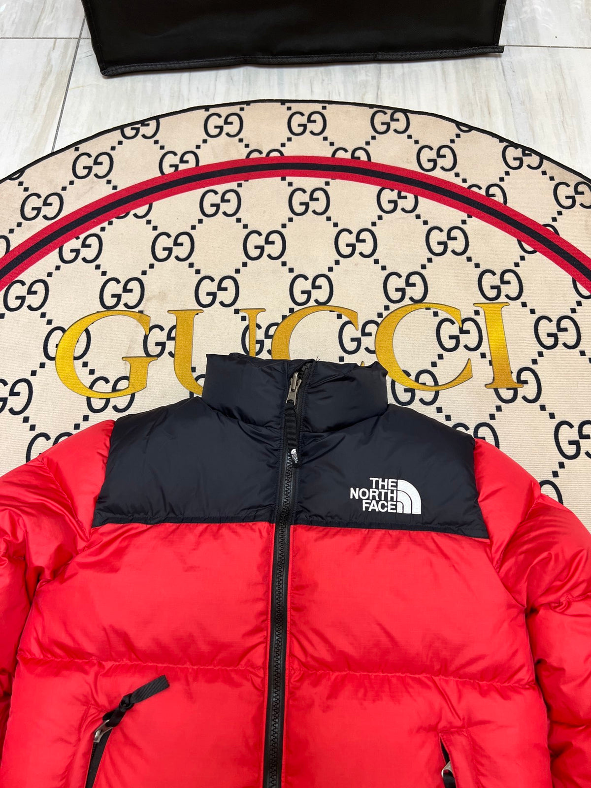 The North Face Red and Black Colorblock Puffer Jacket