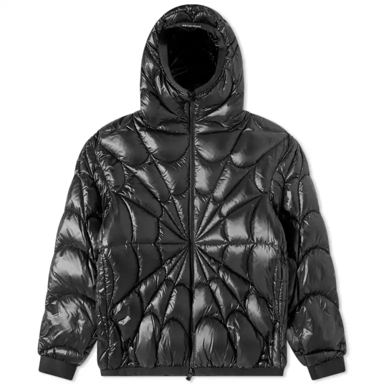 Moncler Black Glossy Spiderweb-Quilted Hooded Puffer Jacket