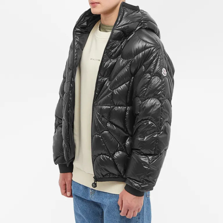 Moncler Black Glossy Spiderweb-Quilted Hooded Puffer Jacket