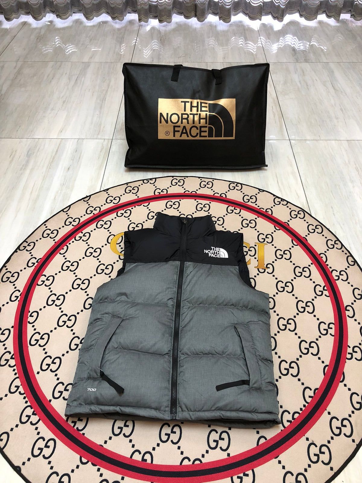 The North Face Grey and Black Colorblock Puffer Vest