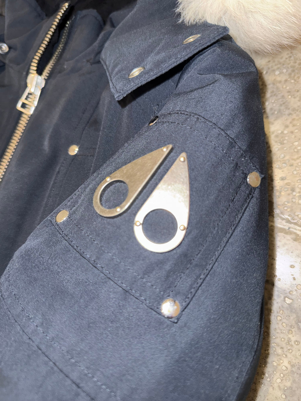 Moose Knuckles Navy Blue Contrast-Trim Hooded Bomber Jacket