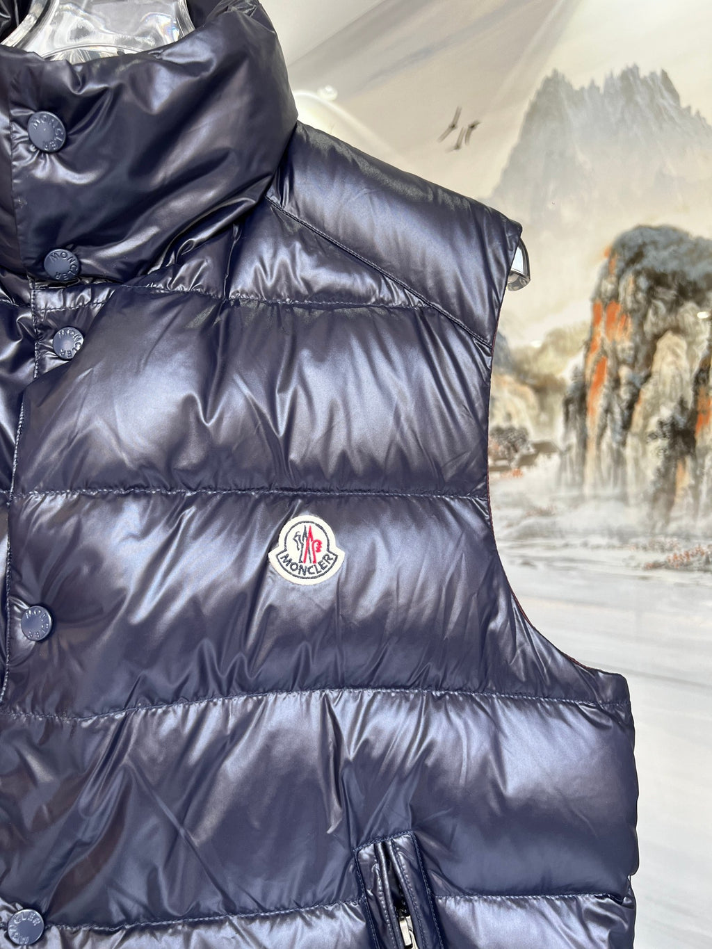 Moncler Navy Blue Glossy Quilted Stand-Collar Puffer Vest