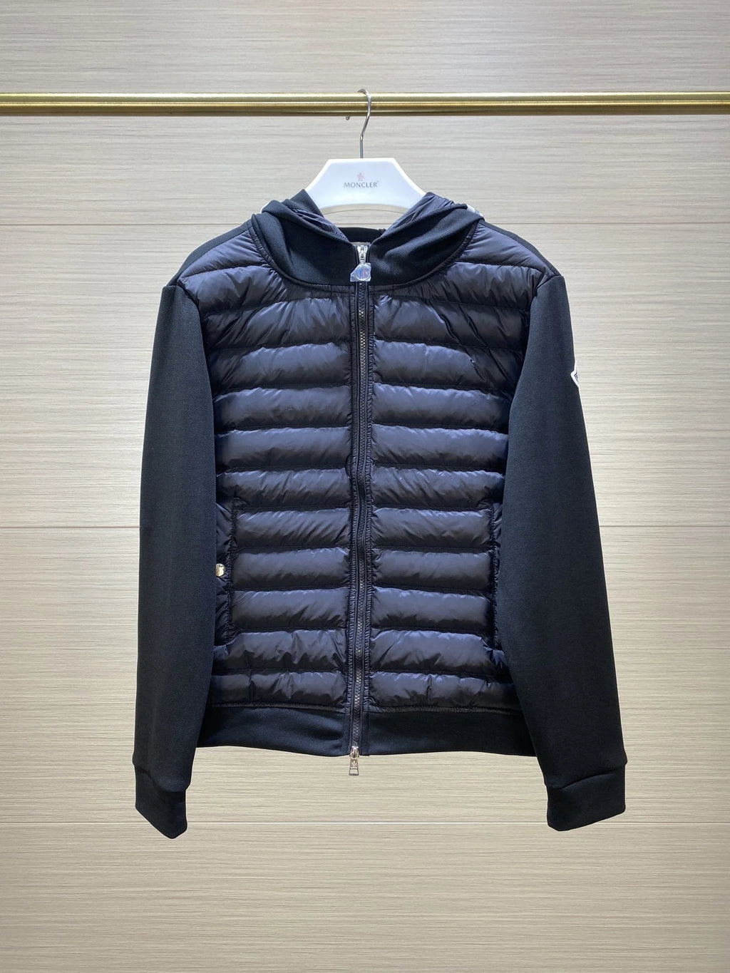 Moncler Black Striped-Hood Quilted-Front Jacket