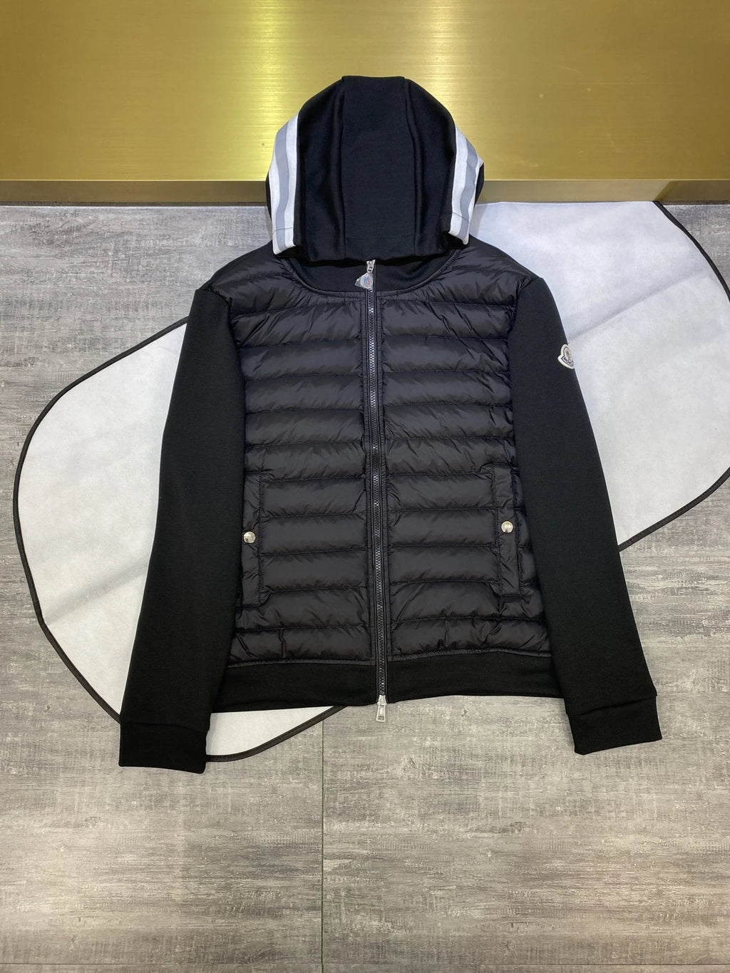 Moncler Black Striped-Hood Quilted-Front Jacket