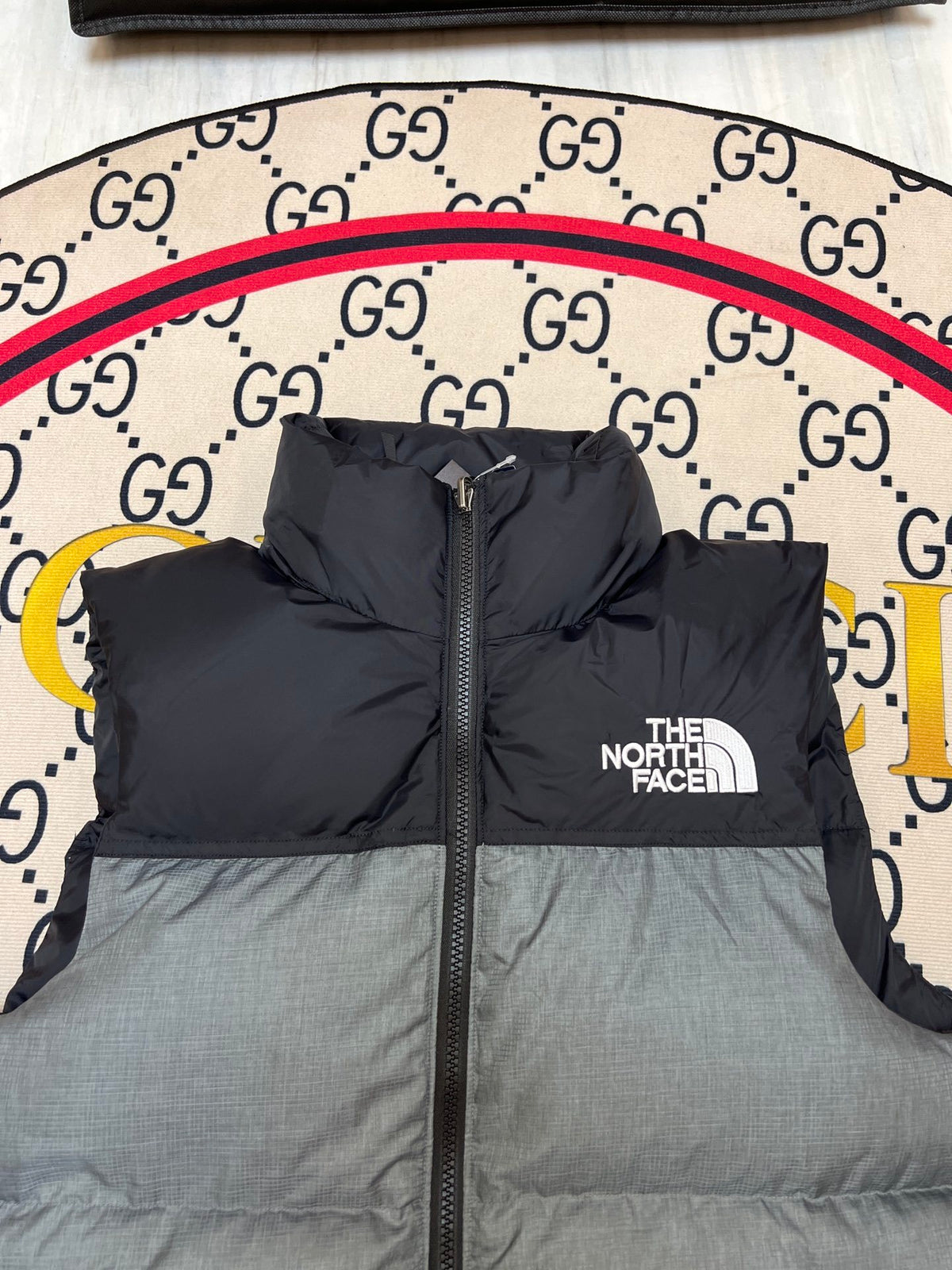 The North Face Grey and Black Colorblock Puffer Vest