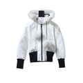 Moose Knuckles White and Black Pom-Pom Hooded Bomber Jacket