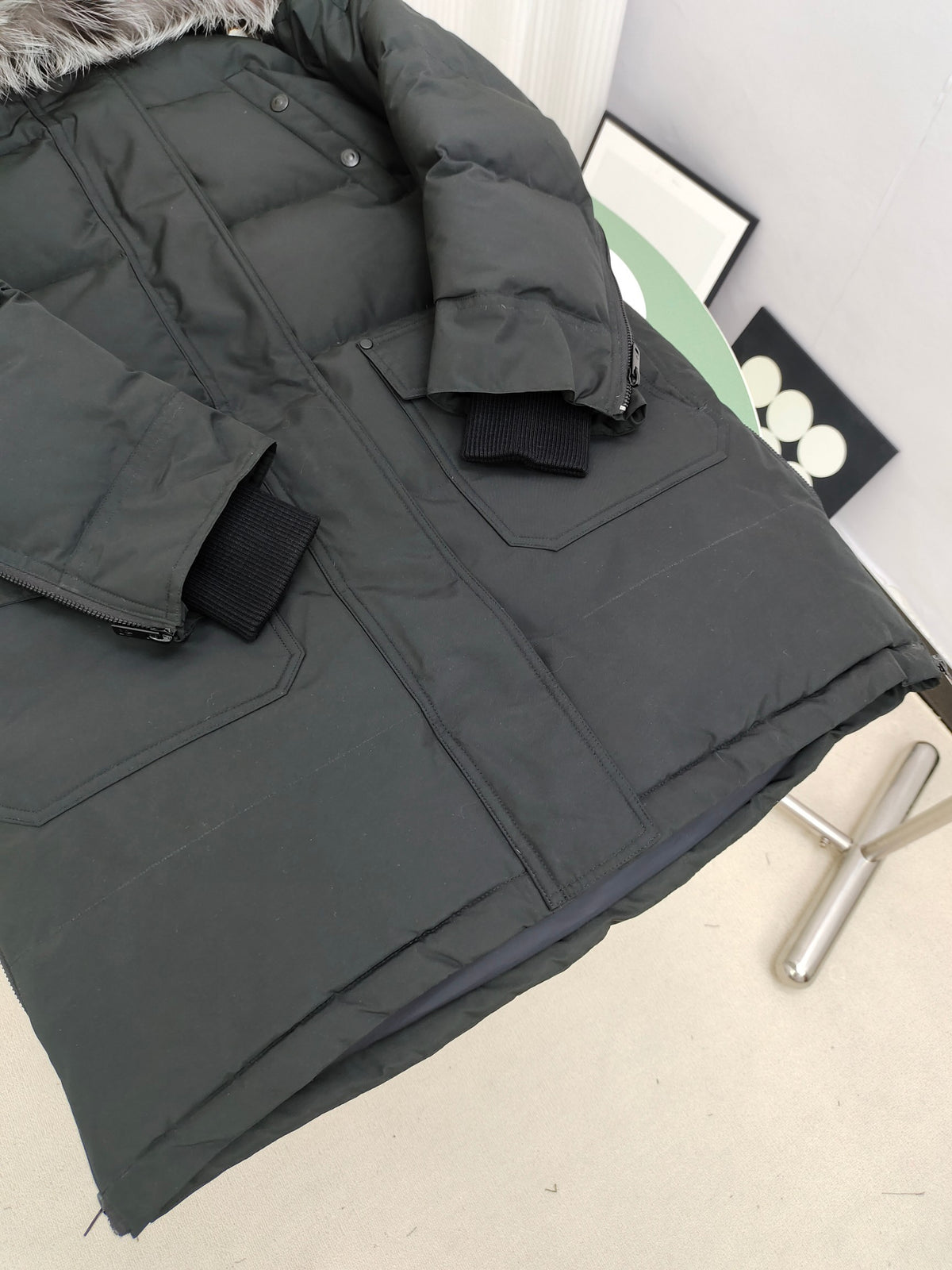 Moose Knuckles Charcoal Grey Quilted Hooded Long Parka