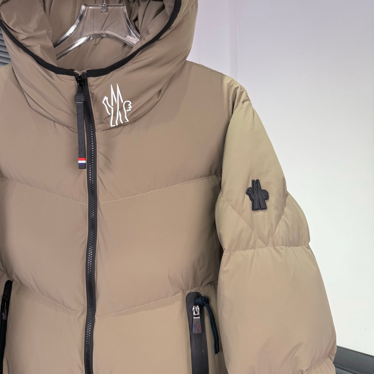 Moncler Sand Beige Graphic-Detail Quilted Hooded Puffer Jacket