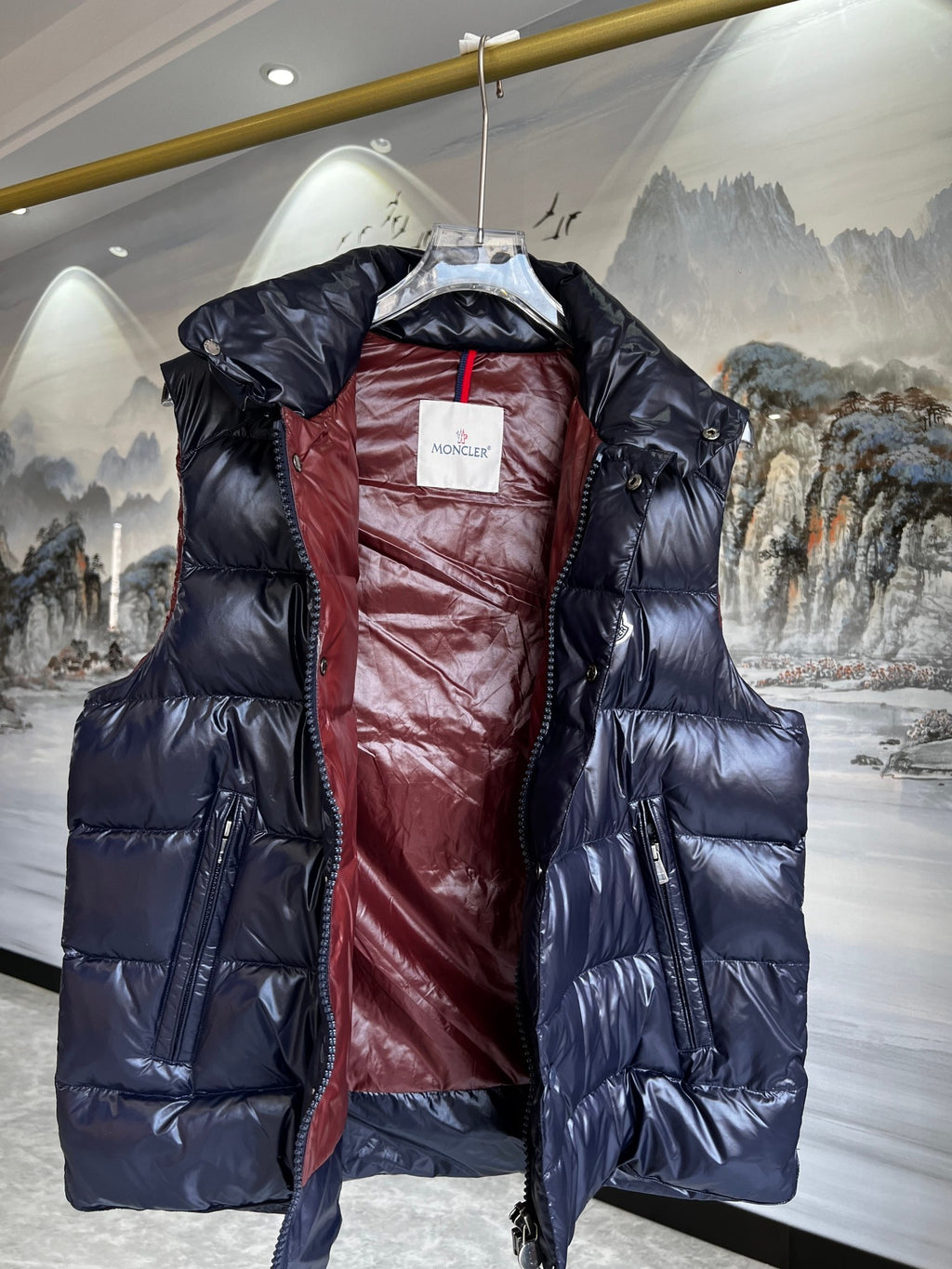 Moncler Navy Blue Glossy Quilted Stand-Collar Puffer Vest