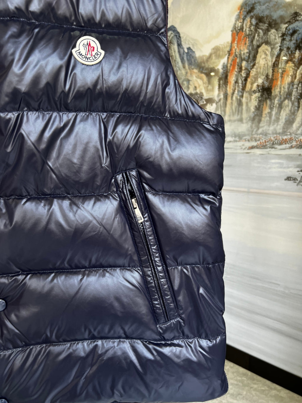 Moncler Navy Blue Glossy Quilted Stand-Collar Puffer Vest